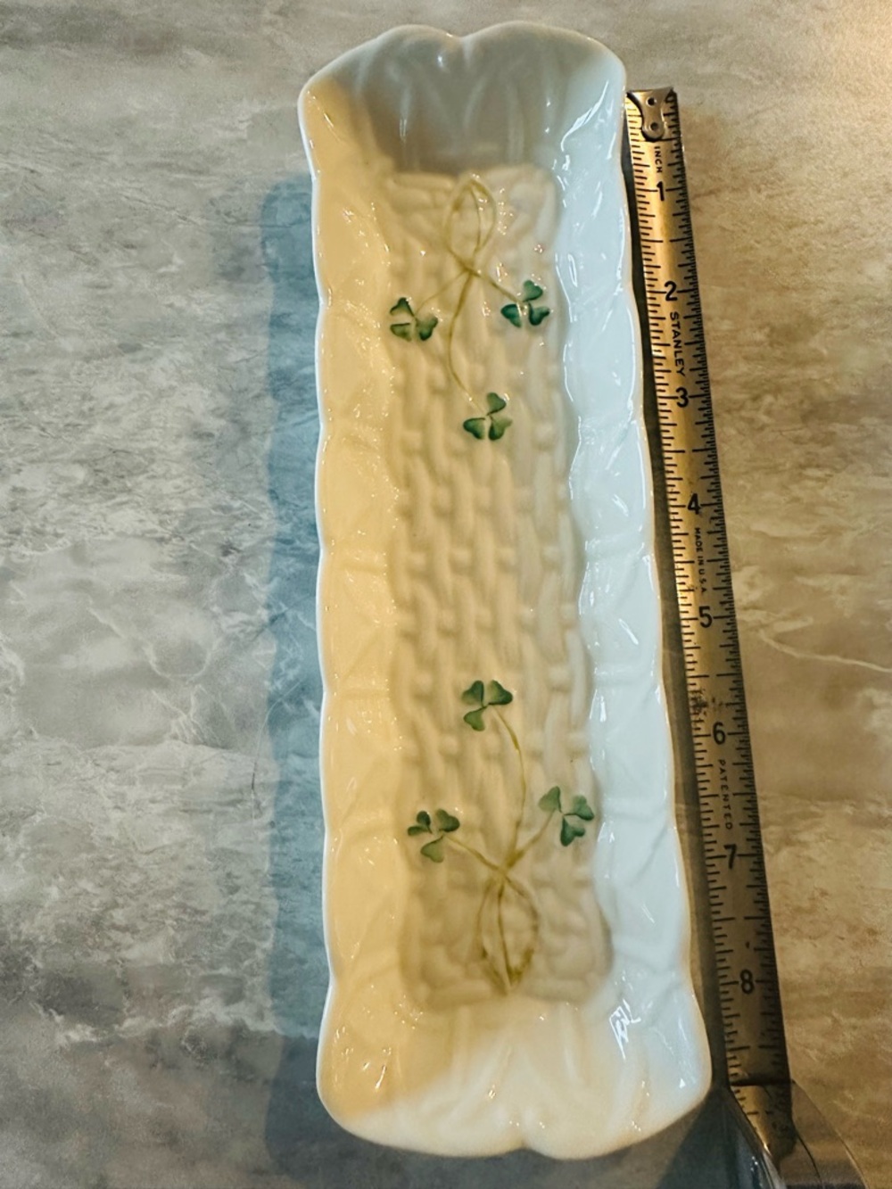 Belleek basket weave Tray- White with Green Shamrocks